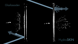 Links ist der Rückprall von Regenwassertropfen auf einer harten Fassadenoberfläche dargestellt, rechts die Regenwasserdurchlässigkeit der textilen Außenlage von HydroSKIN. Foto: C. Eisenbarth
