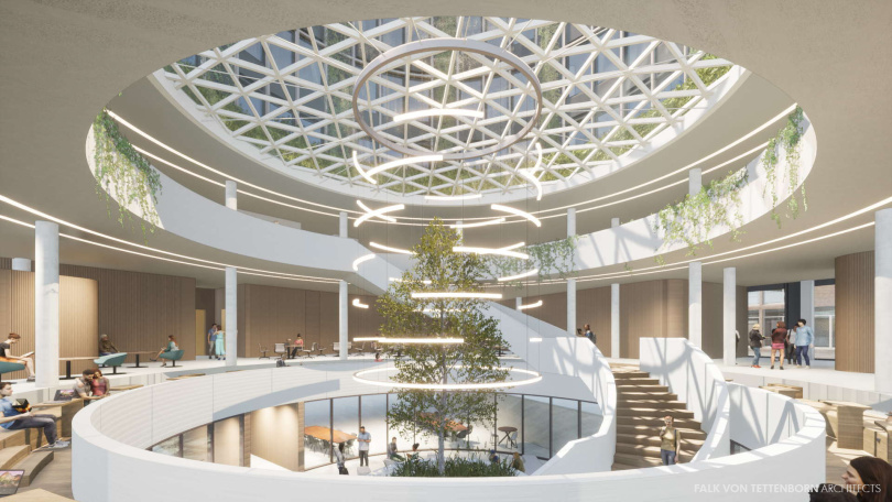 Atrium des Bauprojekts „tomorrow“ im Werksviertel in München. Visualisierung: Falk von Tettenborn Architects